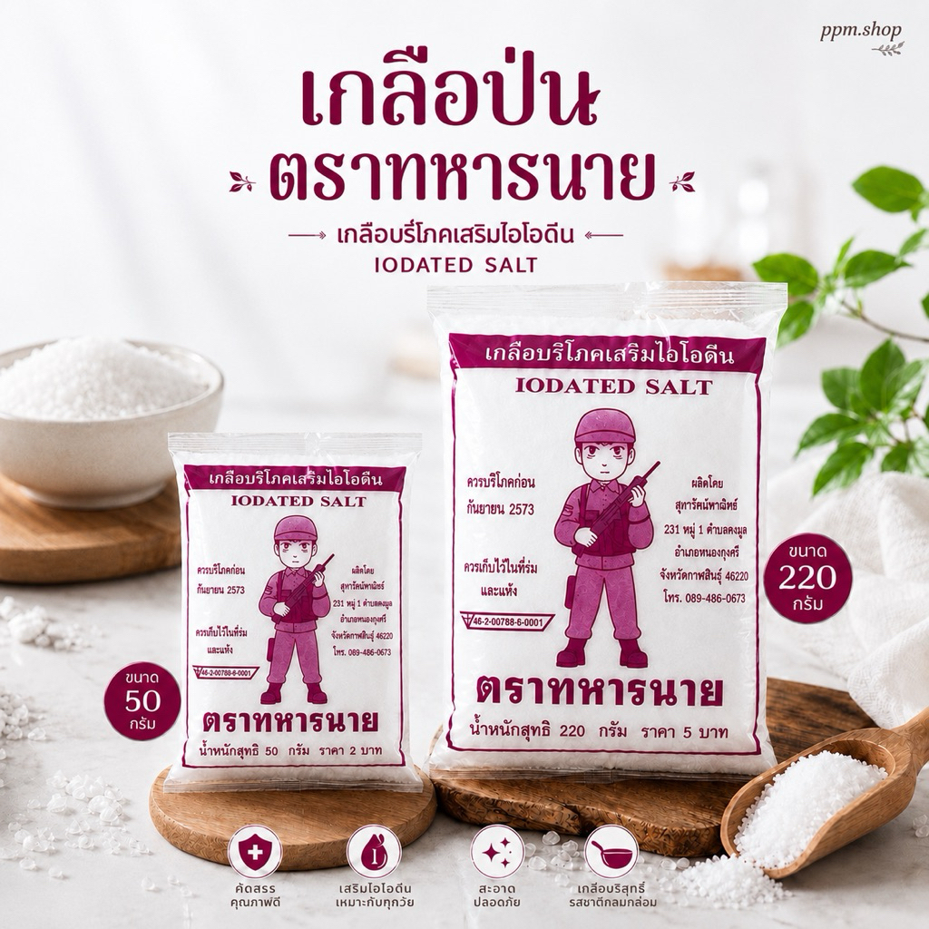 เกลือป่น ตราทหารนาย หรือแล้วเเต่โรงงานส่งตัวไหนมา ขนาด 50กรัม 12ถุง และ 220กรัม 6ถุง