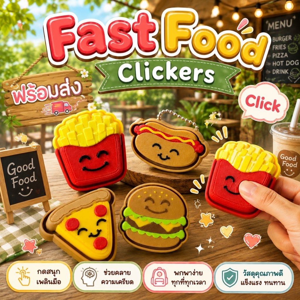 พวงกุญแจ Fast Food Clickers (ปริ้น 3D) ของเล่นคลายเครียด ห้อยกระเป๋า