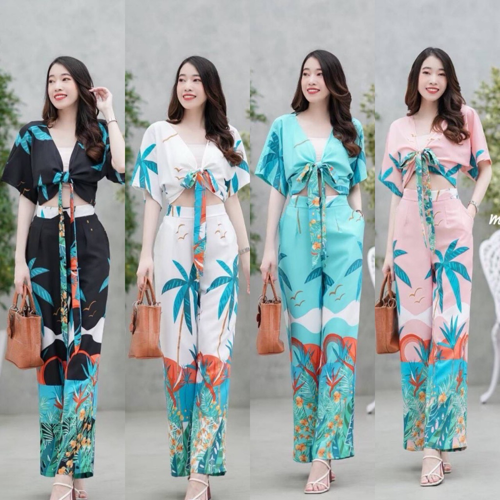 set 2ชิ้น เสื้อแขนสั้นผูกโบว์ด้านหน้า ลายต้นมะพร้าว + กางเกงขายาวเอวยางยืดด้านหลัง มีกระเป๋าล้วงด้านข้าง