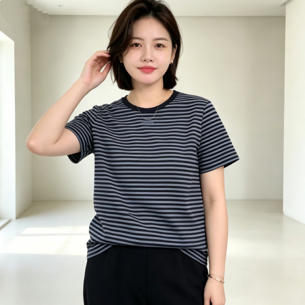 เสื้อผู้หญิงคอลเลกชันใหม่รับซัมเมอร์: เสื้อยืดแขนสั้นดีไซน์โดดเด่นสไตล์มินิมอลที่ให้ลุคหรูหรา มาพร้อมลูกเล่นลายแถบสีแบบ
