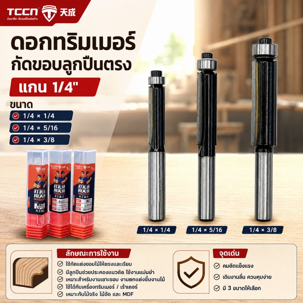 TCCN ดอกทริมเมอร์กัดขอบลูกปืนตรง แกน 1/4" (มีตัวเลือก) ขนาด 1/4 , 5/16 , 3/8