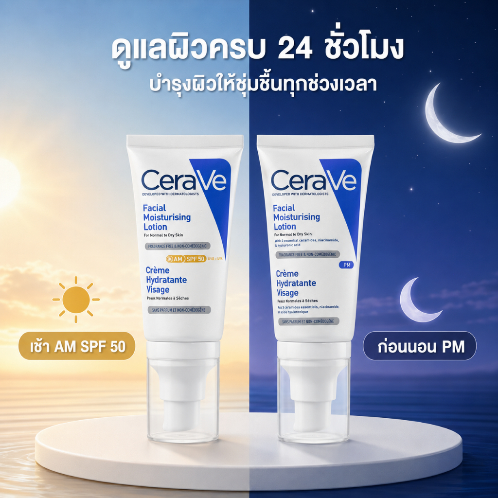 AM กันแดดปกป้องผิวจากรังสี UVA/UVB พร้อมบำรุงให้ชุ่มชื้น | PM ฟื้นฟูเกราะป้องกันผิว ลดการระคายเคือง ให้ผิวเนียนนุ่มถึงเช