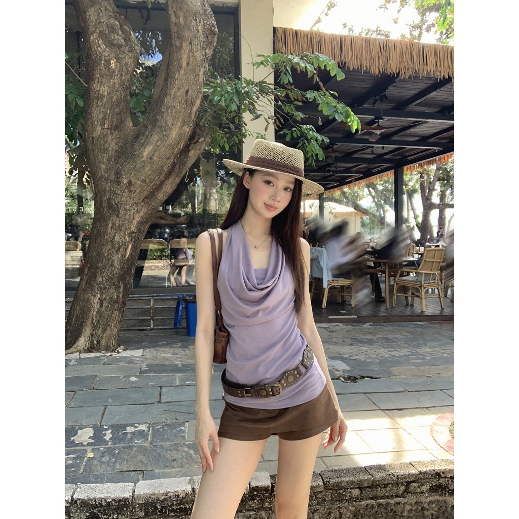 HRG เสื้อคล้องคอ เสื้อสายเดี่ยวผู้หญิง รุ่นใหม่ 2026 ฤดูร้อน ใส่ข้างนอก ไม่มีแขน หลังเปิด สไตล์สาวแซ