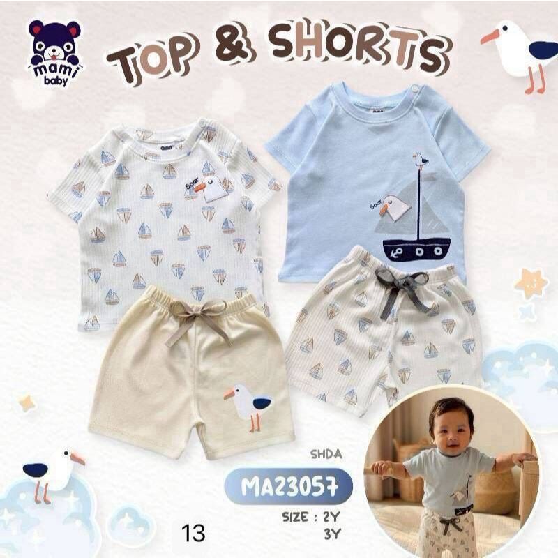 𝗠𝗔𝗠𝗜 𝗕𝗔𝗕𝗬 เสื้้อยืดแขนสั้น กระดุมบ่า + กางเกงขาสั้น Size : 2Y 3Y