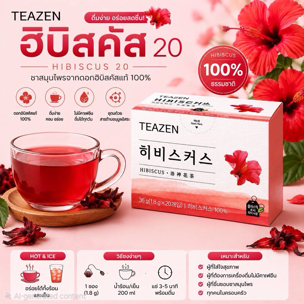 Hibicus tea 🌺 ชาจากดอกชบาเข้มข้น ยี่ห้อ TEAZEN