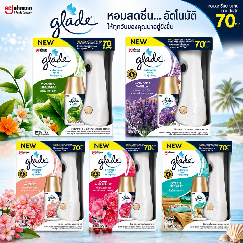 (เครื่อง+รีฟิล+ถ่าน2ก้อน) Glade น้ำหอมออโต้สเปรย์ มี 10 กลิ่น