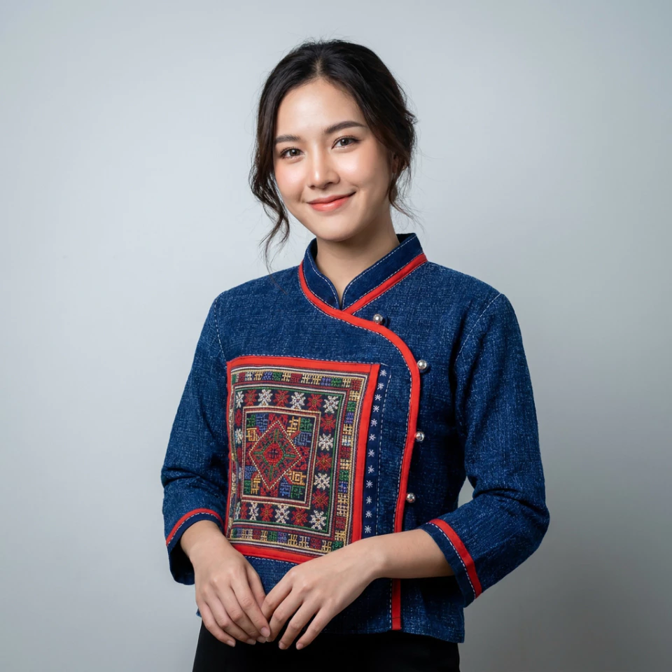 เสื้อใบปอคอจีน ผ้าฝ้ายชินมัยสโตน ป้ายกระดุมสีเงิน กุ้นแดง แต่งผ้าทอ เรียบหรู ใส่สวยทุกโอกาส ❤️✨