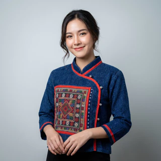 เสื้อใบปอคอจีน ผ้าฝ้ายชินมัยสโตน ป้ายกระดุมสีเงิน กุ้นแดง แต่งผ้าทอ เรียบหรู ใส่สวยทุกโอกาส ❤️✨