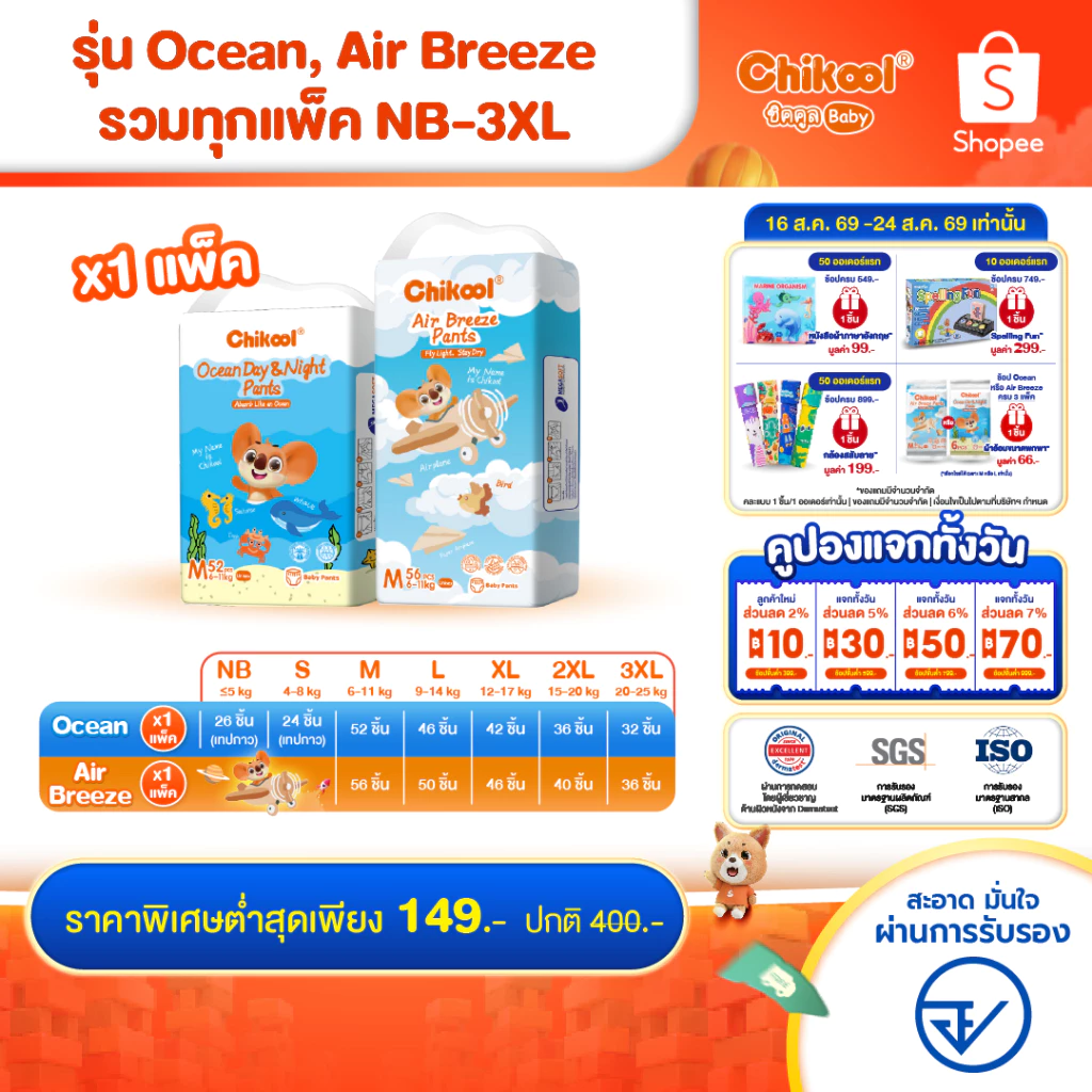 [รวมทุกรุ่นทุกไซส์!] แพ็คเดี่ยวและยกลัง Chikool ชิคคูล กางเกงผ้าอ้อมเด็ก รุ่น Ocean Day&Night และรุ่น Air Breeze