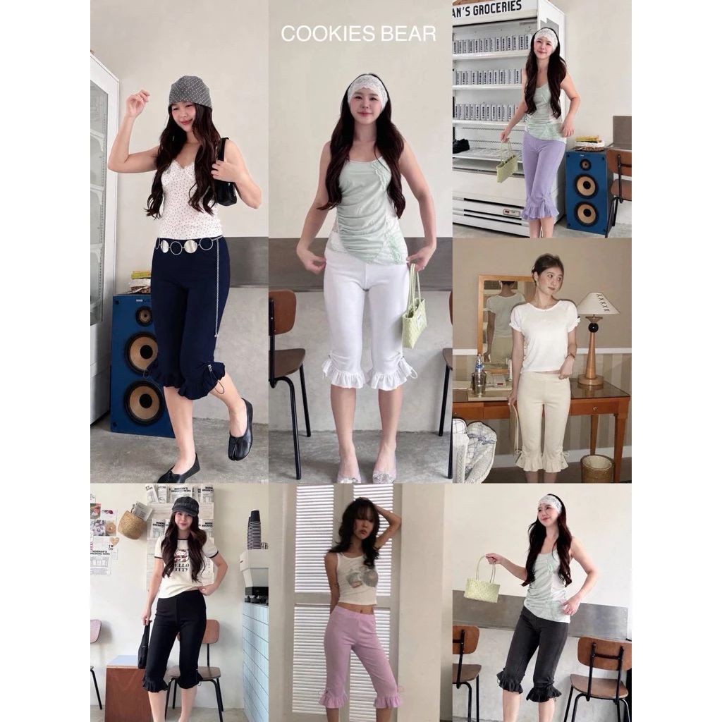 🧸Cookies Bear🧸 กางเกงทรงCapri ติดตัวรูดข้างระบายชาย ผ้ายืด ทรงกำลังฮิต (เนื้อผ้าของแต่ละสีเนื้อผ้าจะต่างกันค่ะ)