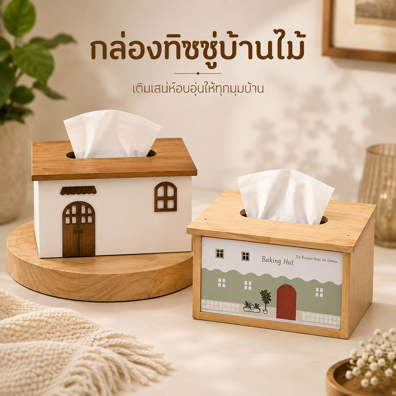 กล่องทิชชู่ไม้ กล่องทิชชู่ไม้ทรงบ้าน สไตล์มินิมอล กล่องใส่กระดาษทิชชู่ตกแต่งบ้าน Wooden Tissue Box Japanese Style