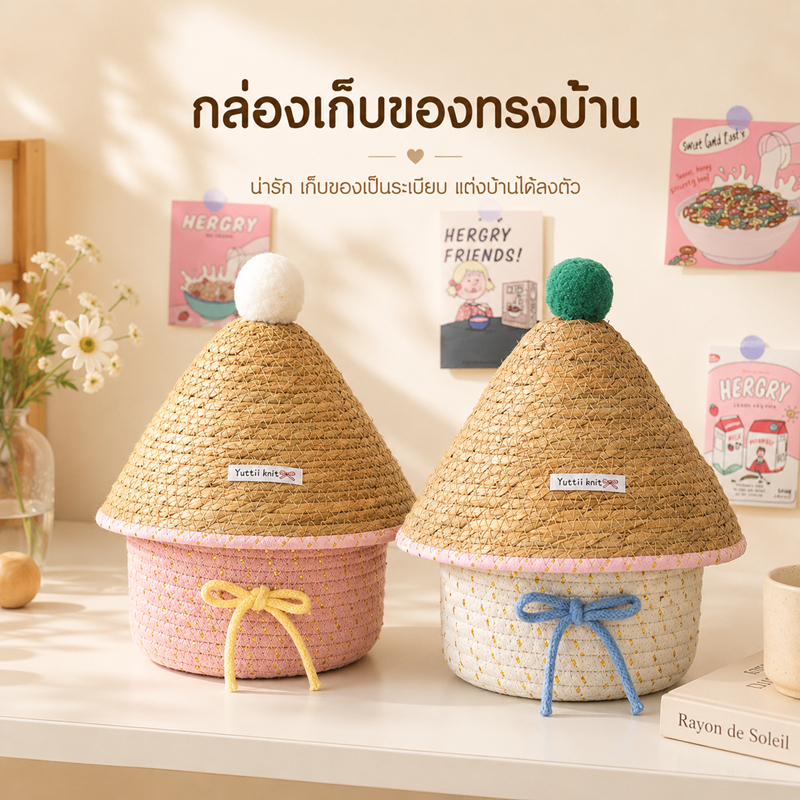 ตะกร้าเชือกสาน(รูปบ้าน) ตะกร้าสานมีฝาปิด ทรงหมวก สไตล์เกาหลี กล่องเก็บของน่ารัก กล่องจัดระเบียบ ของแต่งห้อง