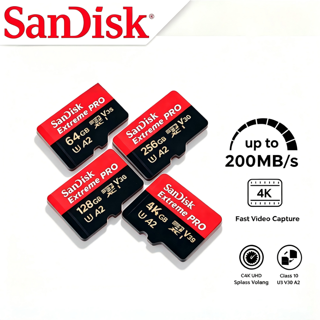 เมมโมรี่การ์ด SanDisk Extreme PRO ของแท้ 100% ประกันตลอดอายุการใช้งาน U3 V30 A2 อ่านสูงสุด 200MB/s สำหรับกล้องแอคชั่น โด
