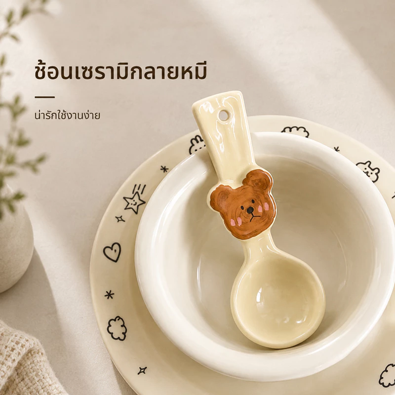 ช้อนน้องหมี ช้อนเซรามิกดีไซน์เกาหลี น่ารักทนทาน ใช้งานง่าย ล้างสะดวก ตักซุป ของหวาน และซีเรียล