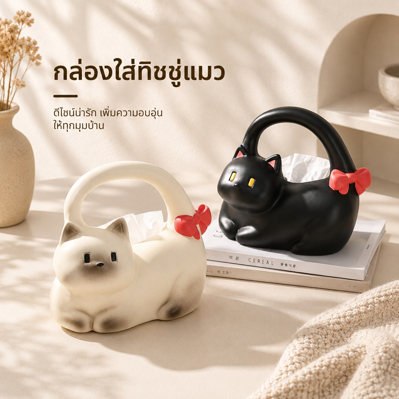 กล่องทิชชู่เซรามิก กล่องทิชชู่ กล่องใส่ทิชชู่ ลายน้องแมว มีน้ำหนัก ลายน่ารัก กล่องทิชชู่