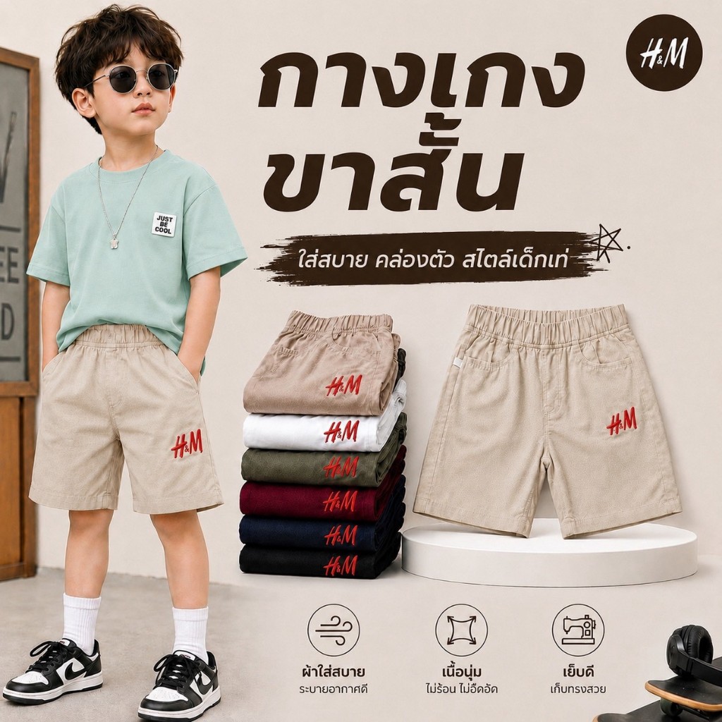 🎉💥มาใหม่💥🎉 กางเกงขาสั้นปัก HM สำหรับเด็กอายุ 1-7 ปี  ใส่สบาย คล่องตัว สไตล์เด็กเท่ ไม่ซ้ำใคร