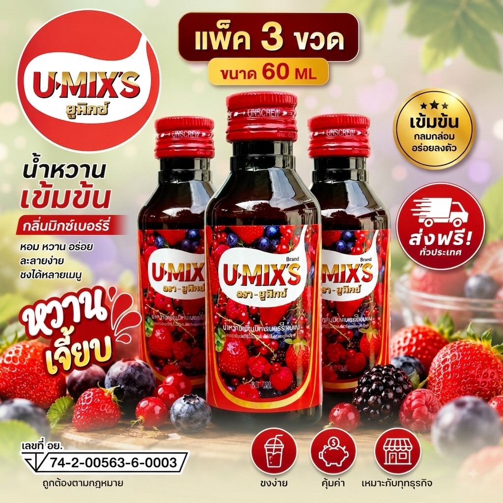 แพ็ค 3 ขวด  !! U-MIX'S (ยู-มิกซ์) น้ำหวานกลิ่นผลไม้รวมเข้มข้น 60 ML