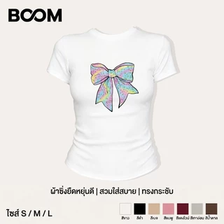COD เสื้อเบบี้ที Y2K สไตล์เกาหลี แฟชั่น ผู้หญิง พิมพ์ลายโบว์สีรุ้ง แขนสั้น ทรงกระชับ แสดงรูปร่าง ใส่สบาย BOOM