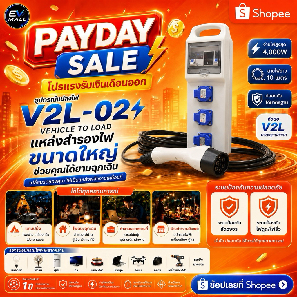 V2Lรุ่น02 -สายยาว10เมตร ใช้เสียบจ่ายไฟออกจากรถEV รองรับBYD MG DEEPAL AION GEELY WULING GWM JAECOO XP