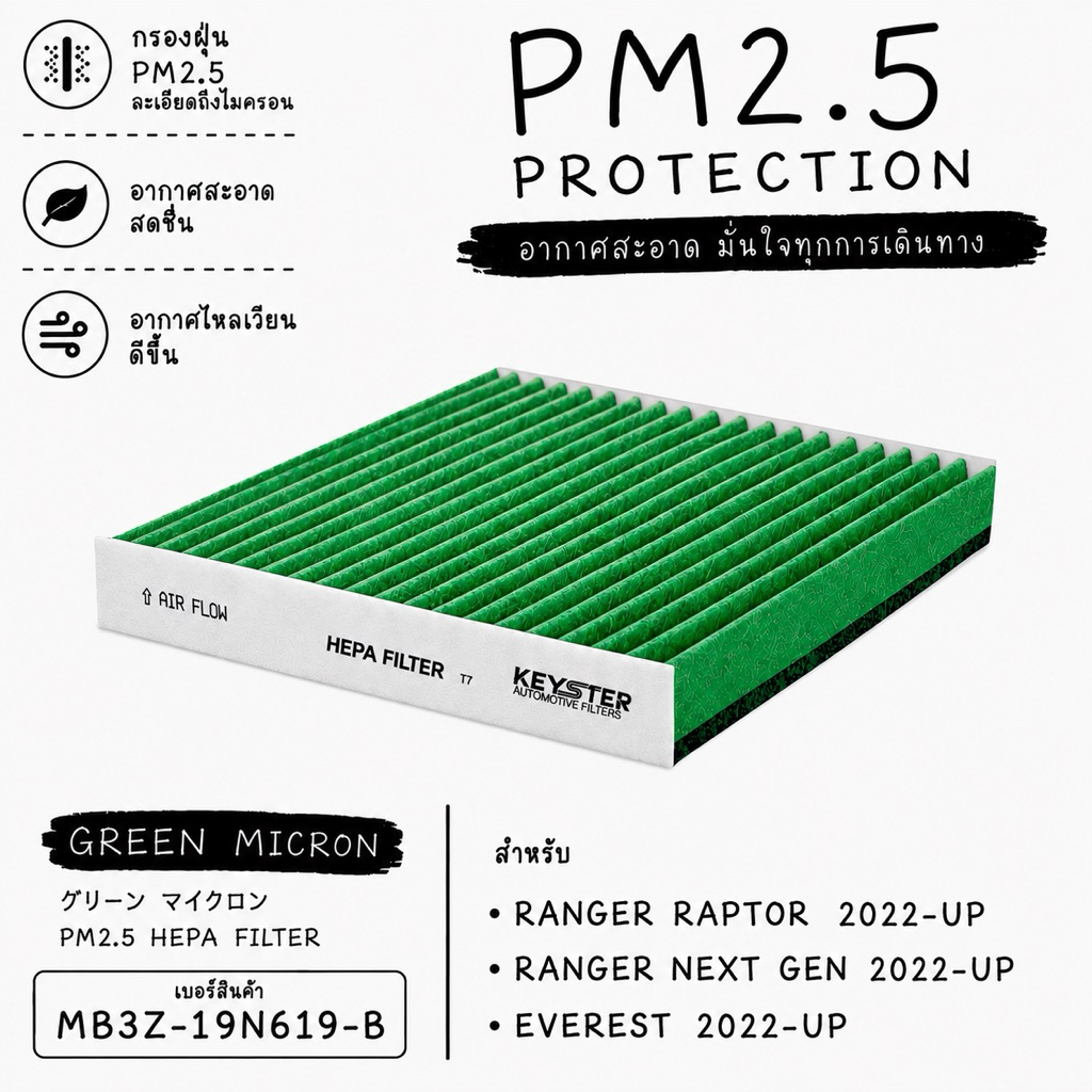 [ป้องกันPM2.5] KEY-STER [G-MB3Z] ไส้กรองแอร์ RANGER RAPTOR, NEXT GEN 2022-UP รุ่น MICRON GREEN กรองฝ
