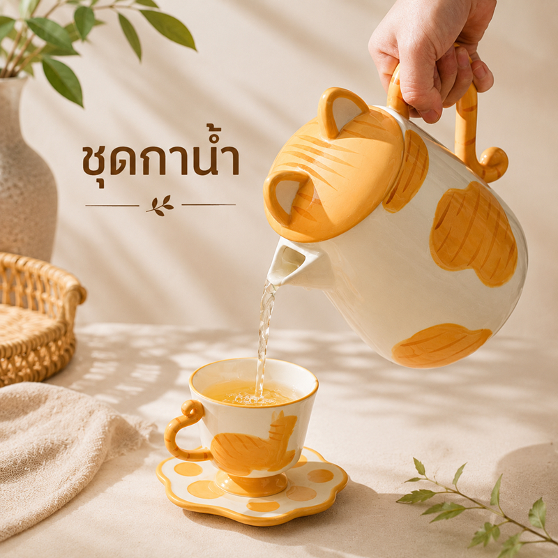 แก้วลายแมว สีดำ สีส้ม กาน้ำชารูปแมวสีส้ม ชุดกาน้ำชาแมว เซรามิค พร้อมแก้ว+จานรอง ลายแมวน่ารัก กาน้ำชา 1.6L ชุดชา ของขวัญส