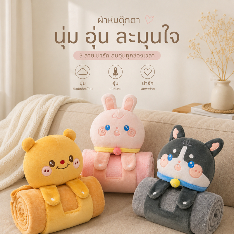ผ้าห่มม้วน+หูหิ้ว ผ้าห่มเด็กพกพา กระเป๋าผ้าห่มการ์ตูน 2in1 ม้วนเก็บได้ ผ้าขนนุ่ม ใช้ในรถ ออฟฟิศ เดินทาง