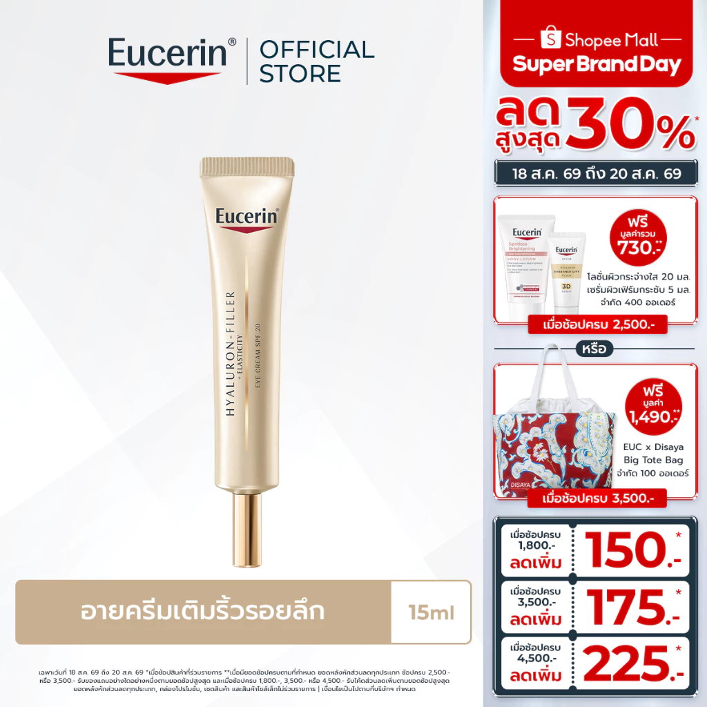 Eucerin HYALURON-FILLER + ELASTICITY EYE CREAM SPF 20 15 ML ยูเซอริน ไฮยาลูรอน อายครีม บำรุงรอบดวงตา ลดเลือนริ้วรอย