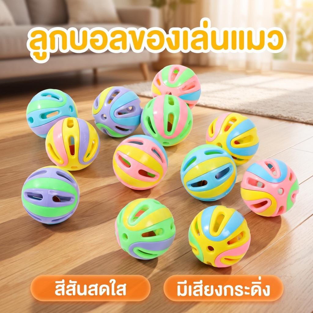🐶🐱ลูกบอลพลาสติกกลวงมีกระดิ่งเสียงดัง ของเล่นแมวสีสันสดใส (สุ่มสี)