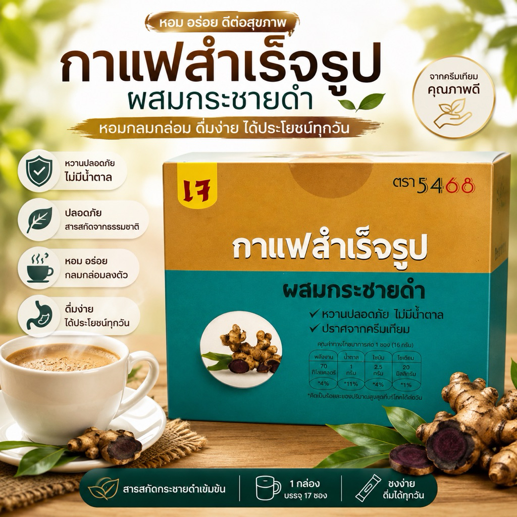 กาแฟสำเร็จรูปผสมกระชายดำปราศจากครีมเทียมเเละน้ำตาล
