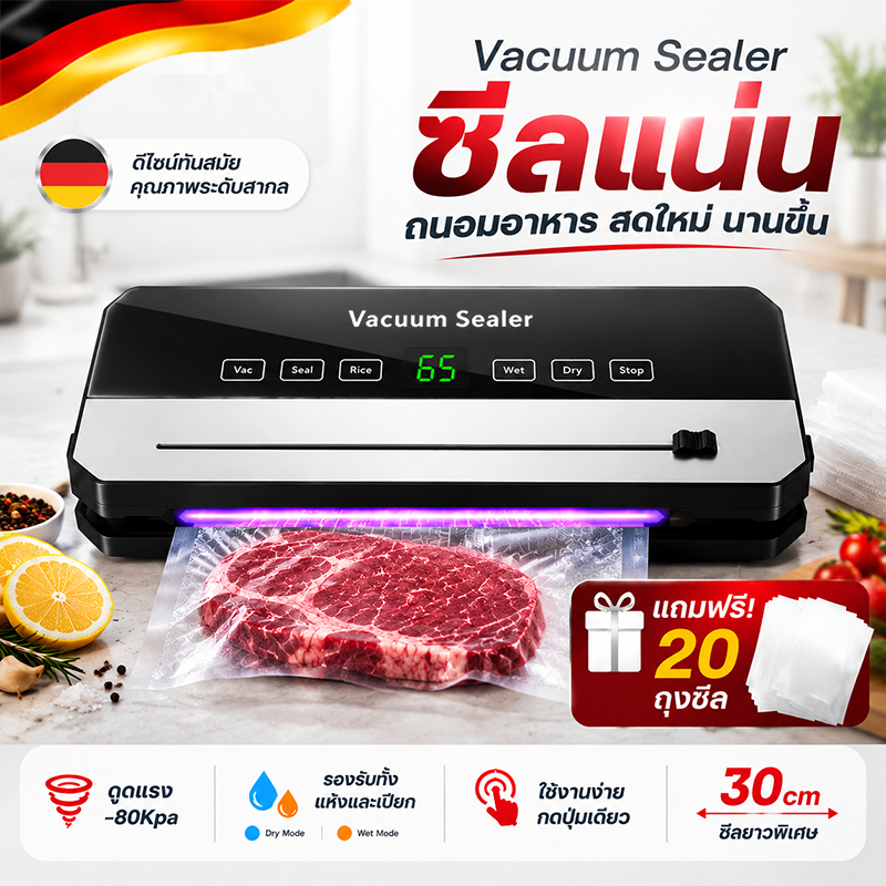 เครื่องซีลสูญญากาศ Vacuum Sealer เครื่องแพ็คอาหาร ถนอมอาหารสด แรงดูดสูง ซีลแน่น แถบซีลกว้าง 30cm ใช้งานง่าย รองรับอาหารแ