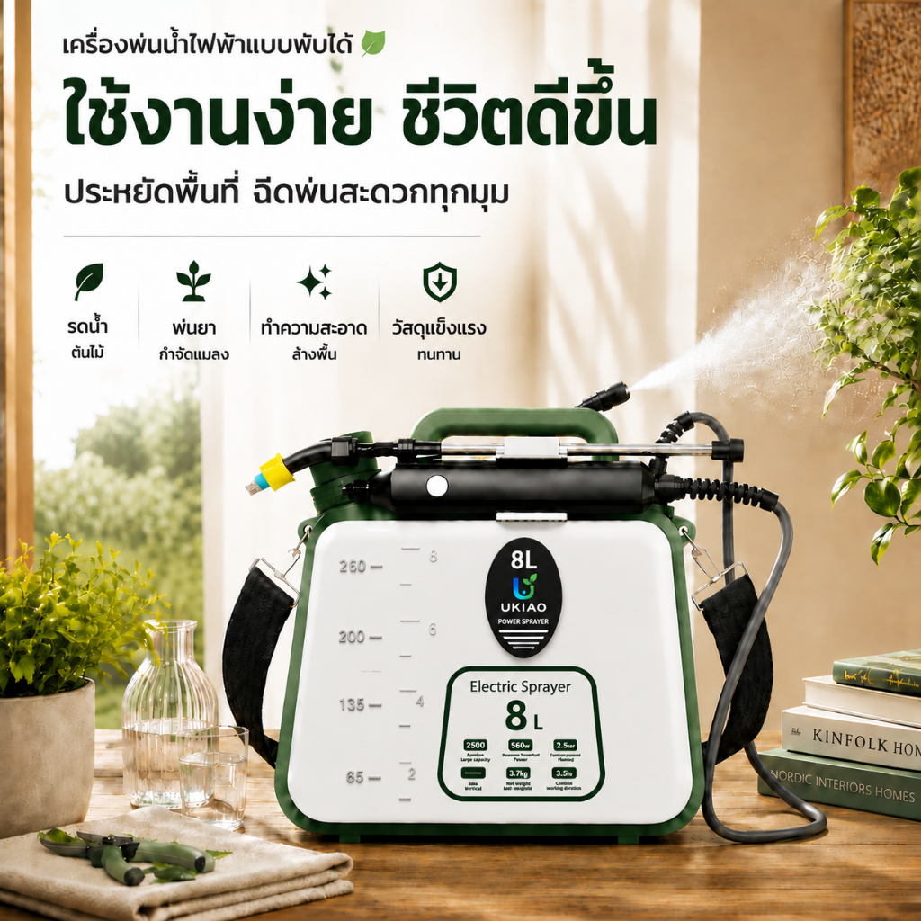เครื่องพ่นยาไฟฟ้า 8L ไร้สาย แบตเตอรี่ 3000mah สะพายหลัง พับเก็บได้ พ่นต้นไม้ ทำสวน เกษตร ล้างรถ