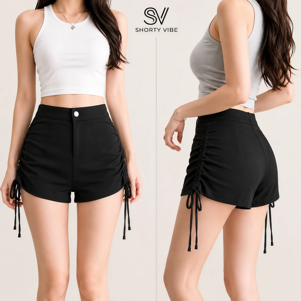 กางเกงขาสั้นเอวสูงผู้หญิง แต่งย่นรูดข้าง ทรงเข้ารูป พรางหน้าท้อง ใส่แล้วดูขายาว ผ้ายืดใส่สบาย สไตล์เกาหลี