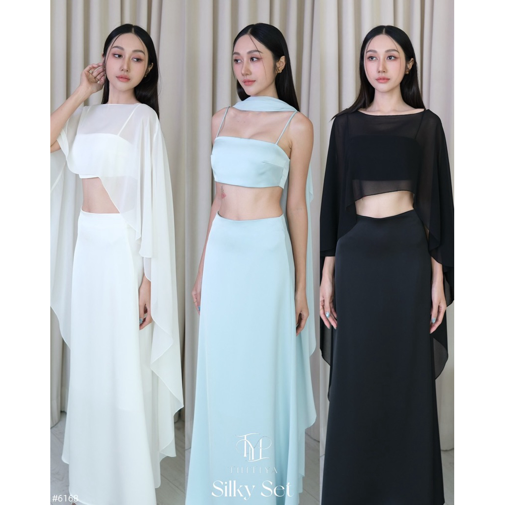 FK : เซ็ต 3 ชิ้น สายเดี่ยว สปาเก็ตตี้ คอเหลี่ยม ครอป กับ กระโปรง ยาว ซิลค์ซาติน กับ ผ้าคลุม ชีฟอง แม