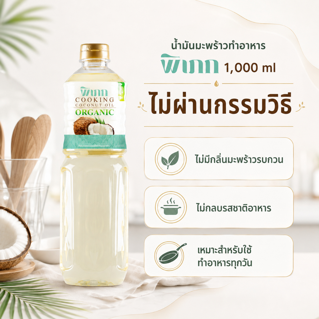 น้ำมันมะพร้าวทำอาหาร พิเภก 1000ml น้ำมันทำอาหารออร์แกนิก ไม่ผ่านกรรมวิธี Coconut Cooking Oil รูปที่ 7