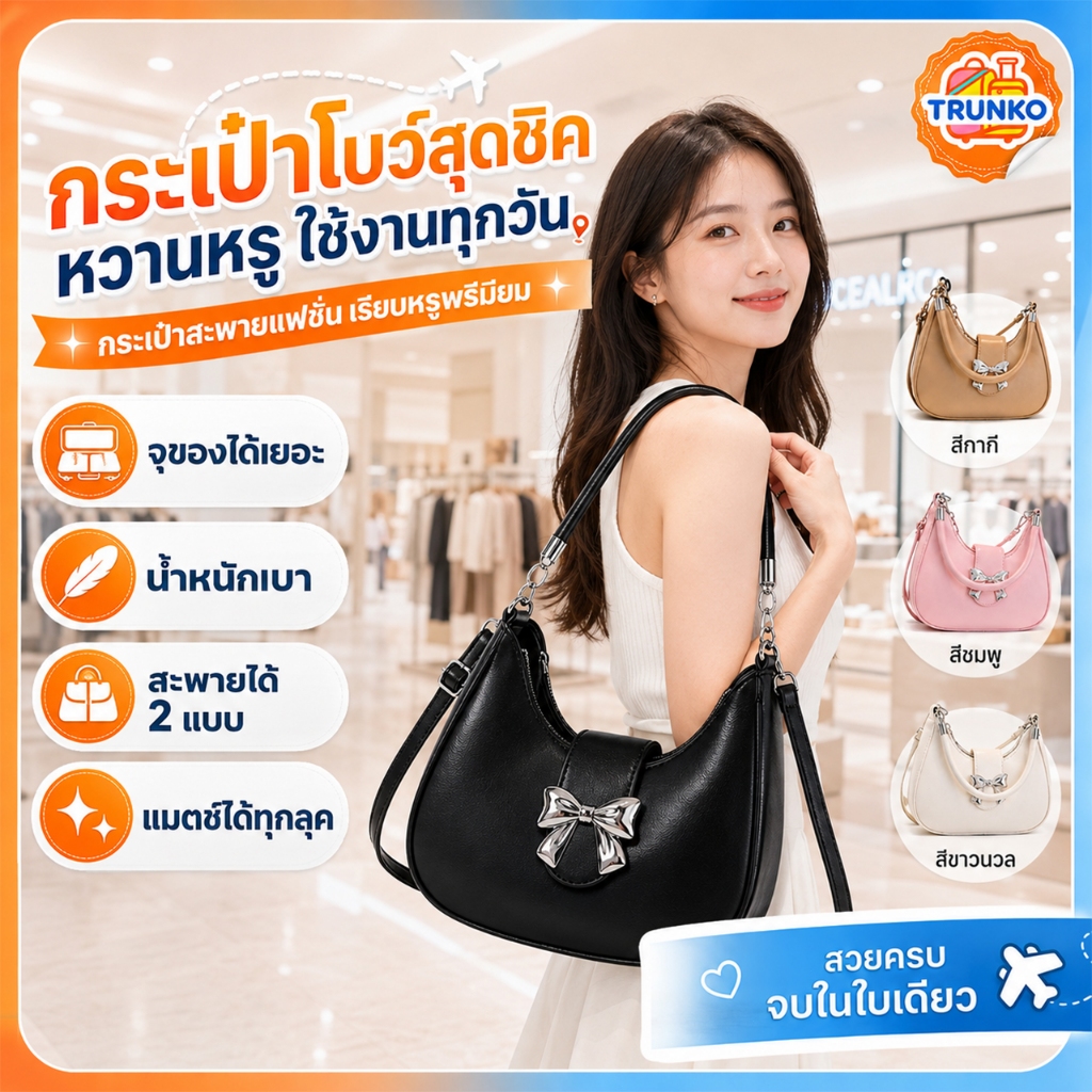 กระเป๋าสะพายข้าง & สะพายไหล่ ดีไซน์โบว์สวยน่ารักครึ่งวงกลม หนัง PU ประดับโบว์เงิน จี้โบว์ มี 2 สาย(ถือ/สะพายข้าง)