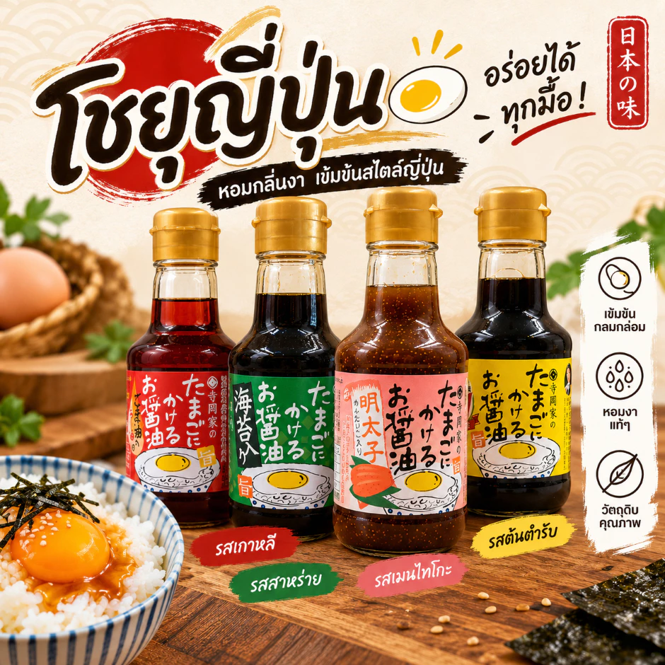 โชยุญี่ปุ่นสุดฮิต! มีหลายรสชาติจิ้มกับไข่เเละไส้กรอก🥚🌭 เหมาะกับทุกวัยเยาะกับข้าวสวยร้อนๆฟินๆ