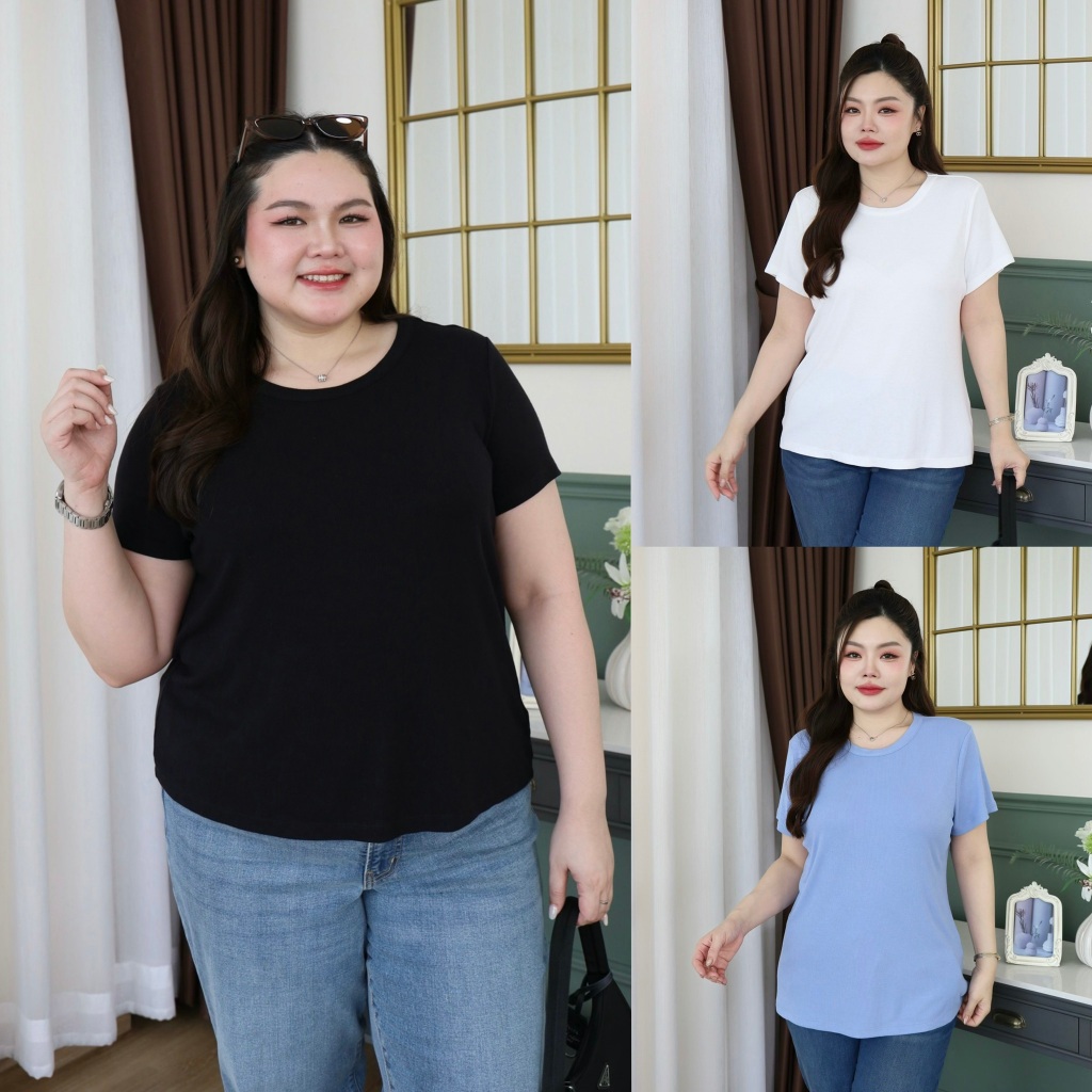 เสื้อยืดคอกลม เสื้อยืดสาวอวบ ผ้ายืดร่อง เนื้อดี ยืดเยอะ ทรงสวย ใส่สบาย เสื้อยืดพลัสไซส์ เสื้อยืดไซส์ใหญ่ S280-0058(02)