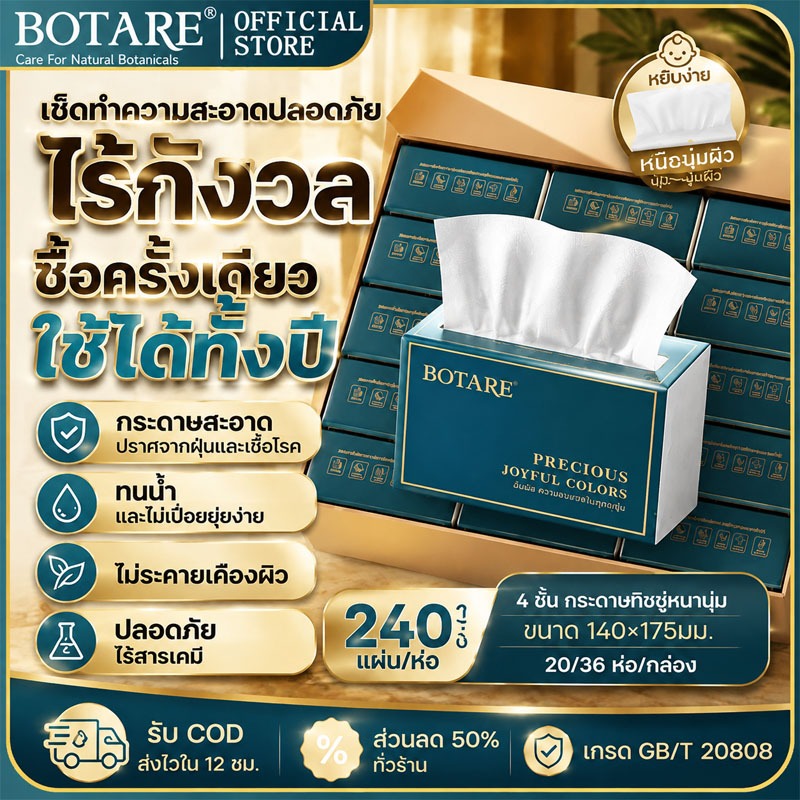【 20/36 ห่อ พร้อมส่ง】ทิชชู่เขียว Botare หนา 4 ชั้น มี 240 แผ่น หยิบง่าย เหนือนุ่มผิว ทิชชู่เช็ดหน้าอย่างดี ทิชชูแบบดึง