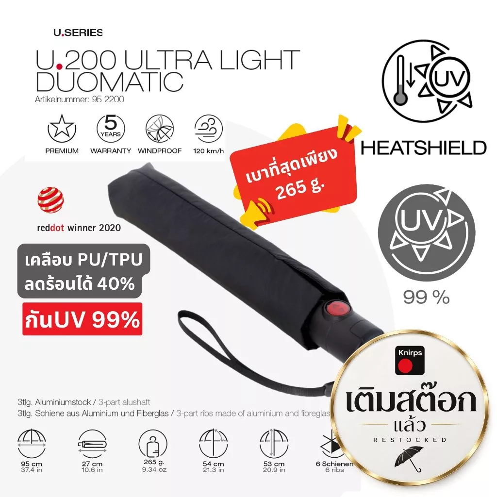 Knirps U.200 ร่มพับเบาพิเศษ UV99 Heat ShieldsTM ลดความร้อน40% ระบบ Duomatic 98cm, 265g