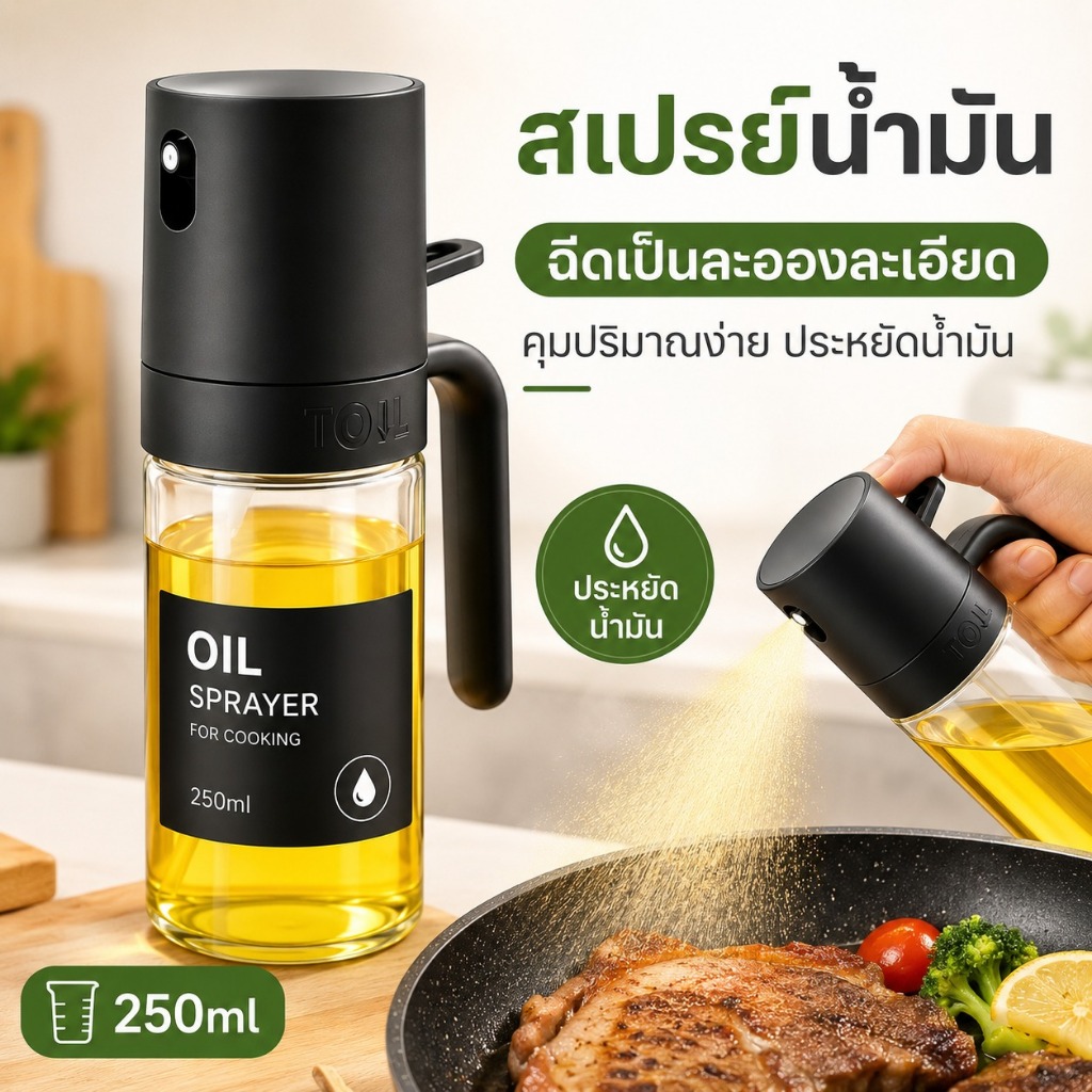 ขวดสเปรย์น้ำมันแก้ว ขวดพ่นน้ำมันสำหรับทำอาหาร แบบกดสเปรย์ ละอองละเอียด ป้องกันน้ำมันหยด ขนาด 250ML อุปกรณ์ครัว
