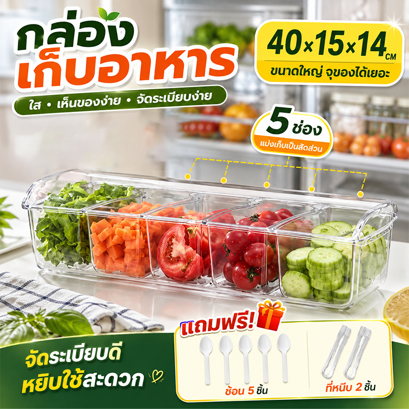 กล่องเก็บอาหาร 5 ช่อง กล่องจัดระเบียบตู้เย็น พลาสติกใสเกรดอาหาร PP ขนาด 40x15x14cm แช่น้ำแข็งได้ ผักผลไม้สดนาน