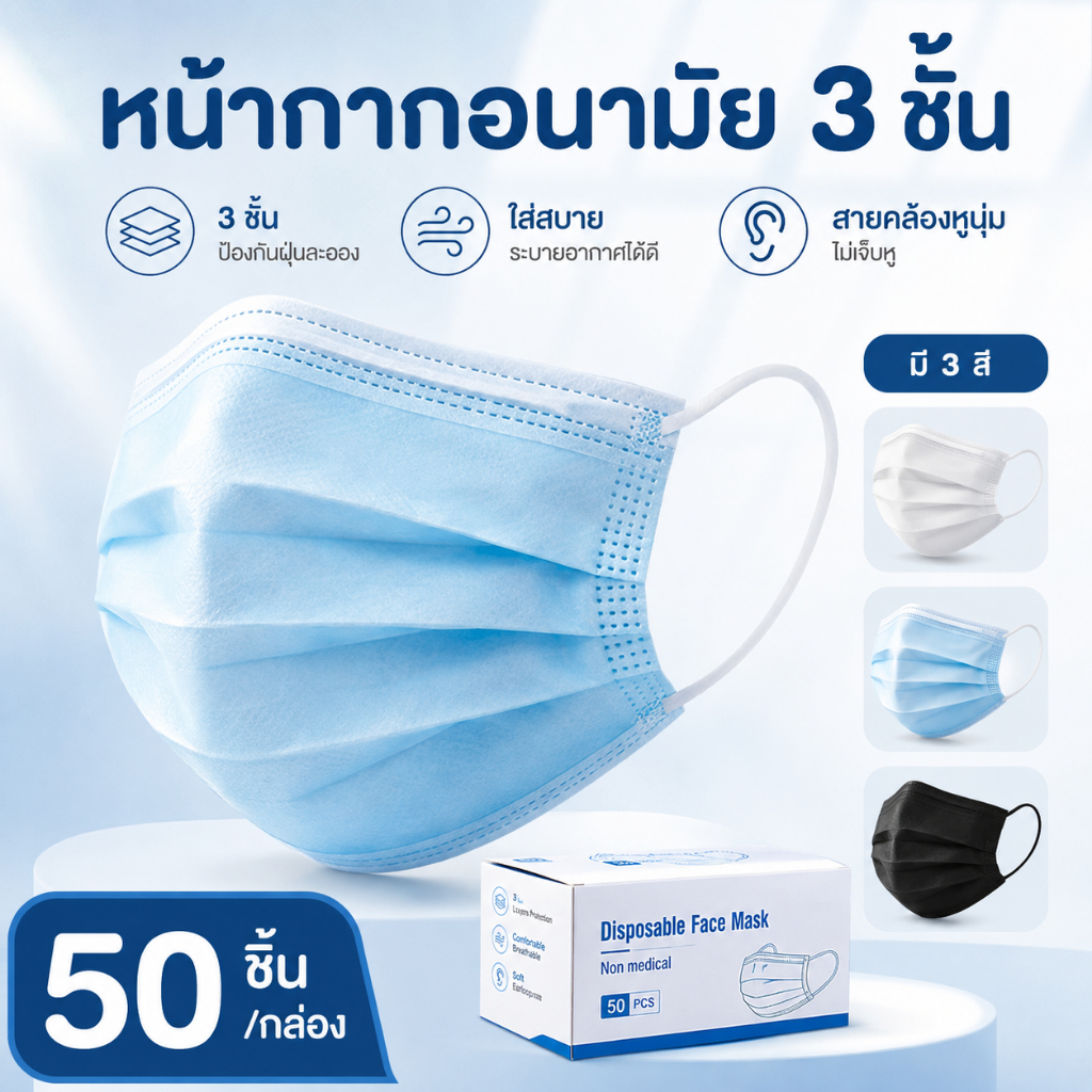 บรรจุ 50 ชิ้น หนา 3 ชั้น หน้ากากใช้ครั้งเดียวสำหรับ PM2.5 ไม่ใช่หน้ากากทางการแพทย์ แต่ละกล่องมี 50 ชิ้น ไม่บรรจุแยกชิ้น