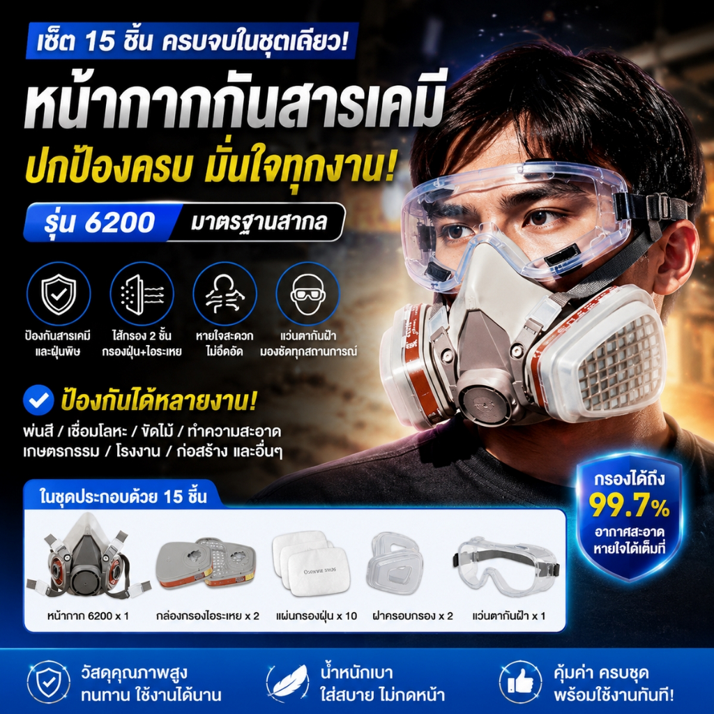 หน้ากากกันสารเคมี รุ่น 6200 ชุด 15 ชิ้น พร้อมแว่นตา ป้องกันฝุ่นและสารเคมี ใช้พ่นสี เกษตรพ่นยา โรงงานก่อสร้าง