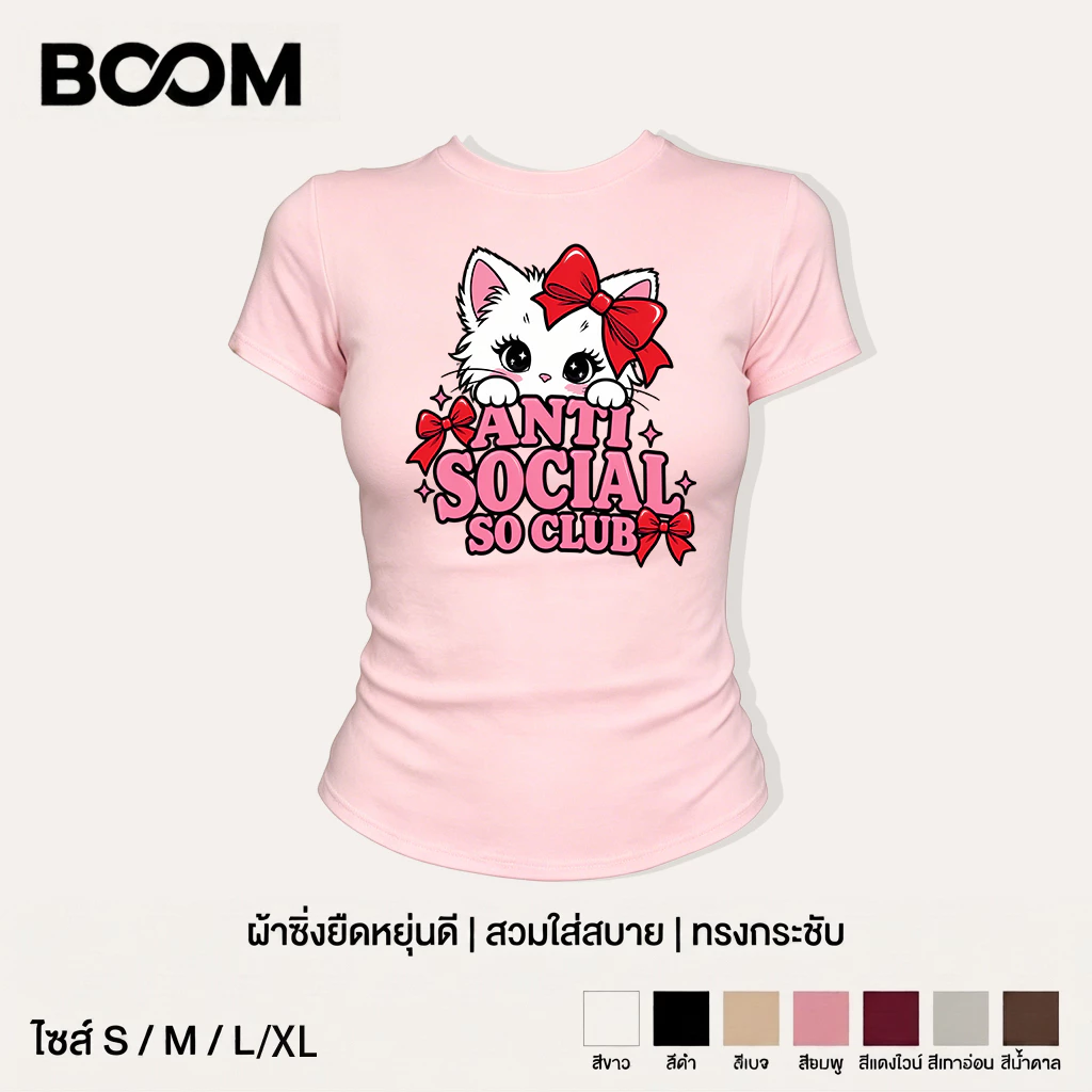 COD เสื้อสาวอวบ เสื้อครอปท็อป แขนสั้น babytee สไตล์เกาหลี y2k T-shirt ลายแมวน่ารักสีชมพูสไตล์หวาน