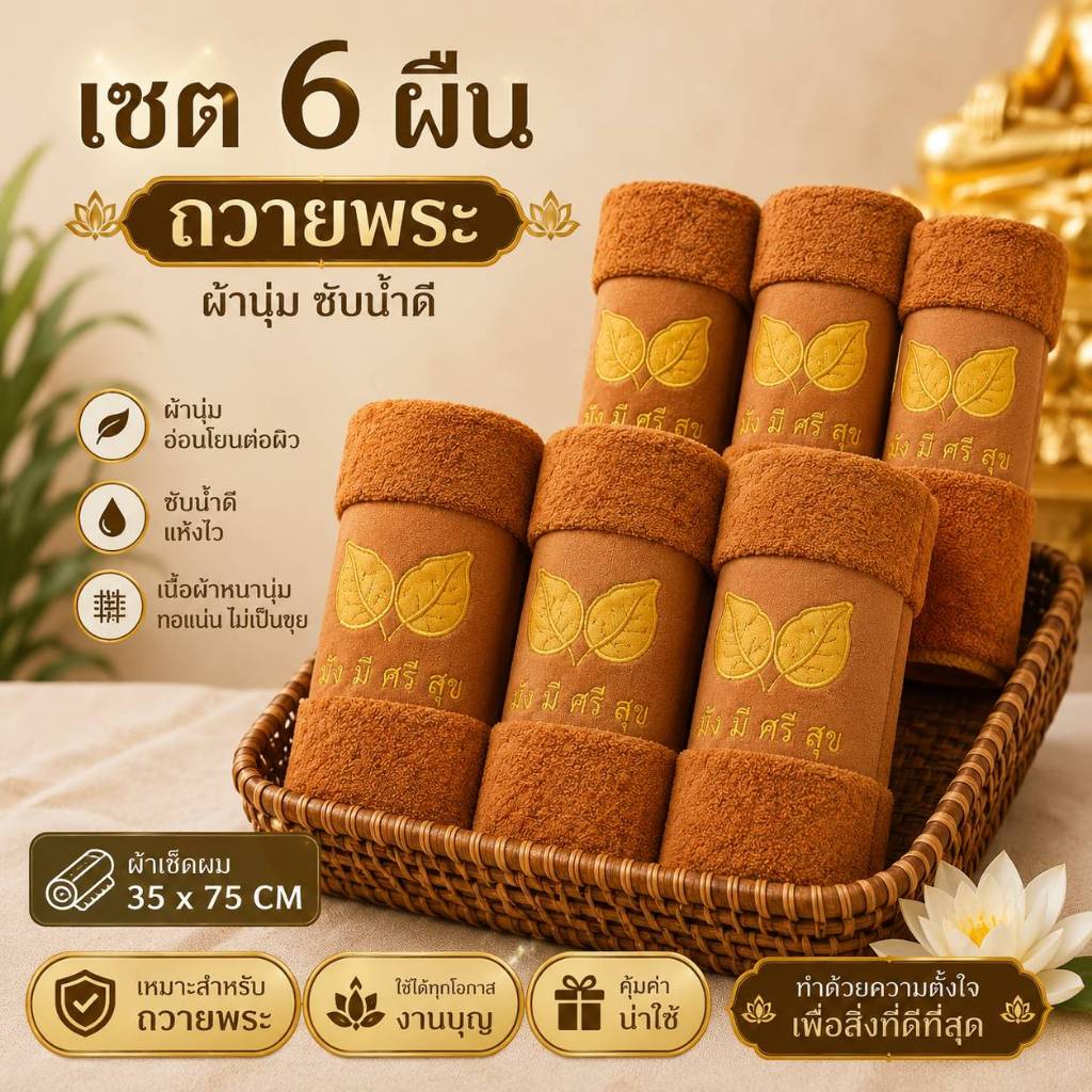 (6ผืน) ผ้าเช็ดผม นาโนถวายพระสงฆ์ ผ้านาโน นุ่ม สัมผัสสบาย ขนาด 35*75CM