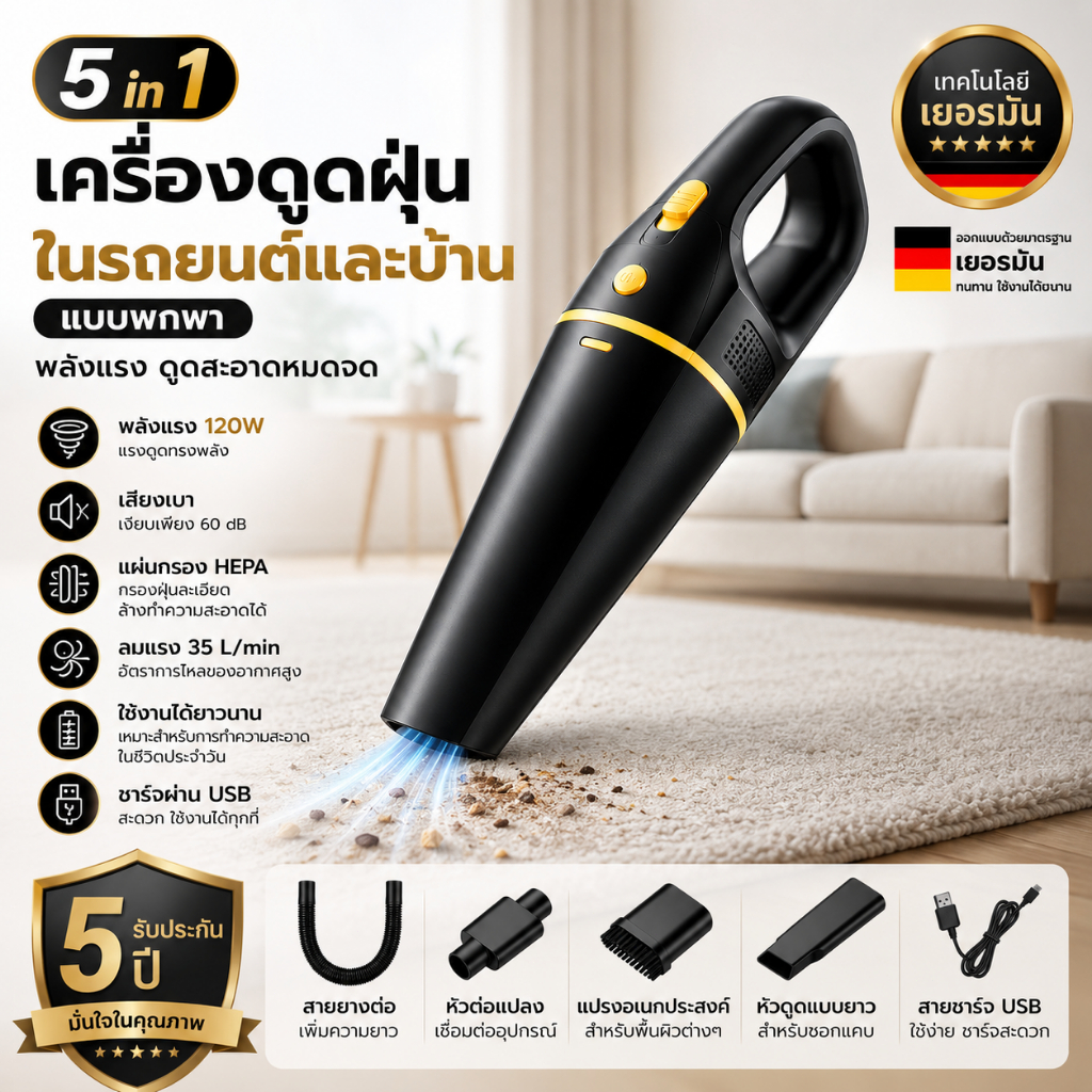 รับประกัน 5ปี ทำจากเยอรมัน 5in1 เครื่องดูดฝุ่นในรถยนต์และบ้าน พกพา ไร้สาย พลังแรง 120W กรอง HEPA ล้างได้ ชาร์จ USB