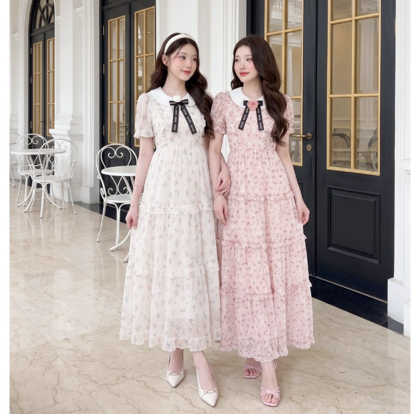 (มีถึง3XL) มี 2 สี Angel Puff Dress เดรสยาวผ้าชีฟอง texture แต่งเข็มกลัดโบว์ดำ แขนสั้นตุ๊กตา ซิปหลัง มีซับใน