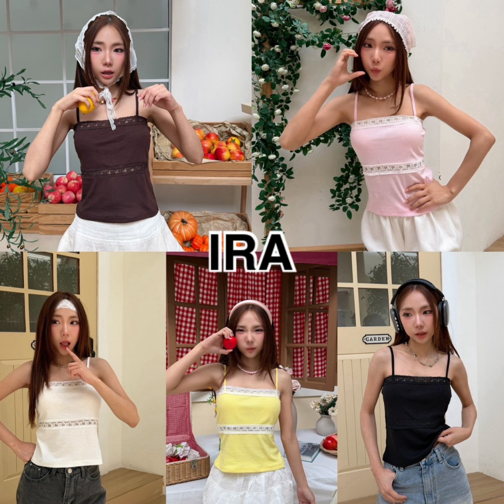 BY IRA (23309( Brown Sugar Top )เสื้อสายเดี่ยวคอเหลี่ยมสำหรับผู้หญิง ดีไซน์หวานอมเปรี้ยว แต่งขอบลูกไม้ เหมาะสำหรับใส่ลำล