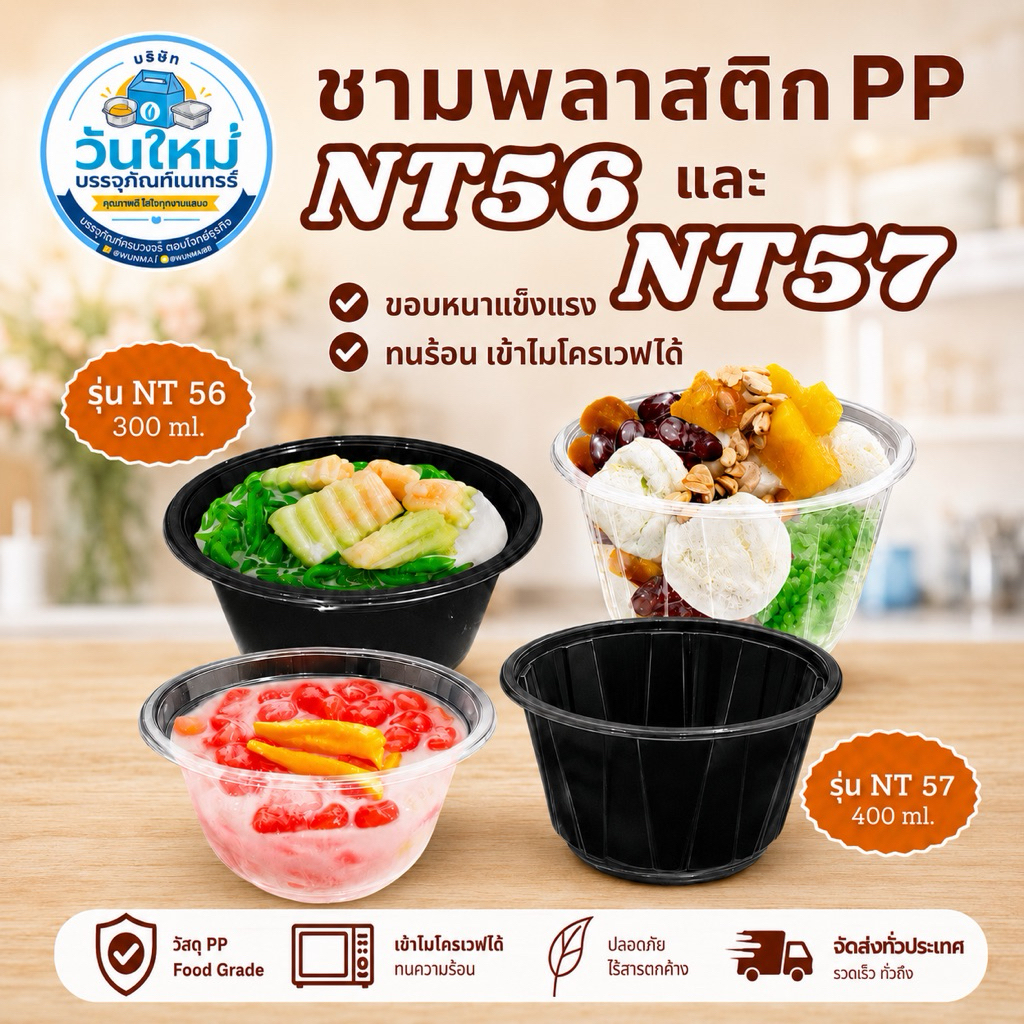 ชามพลาสติกพีพี  NT-57 ใสและดำ  ขนาด400มบ. (10แถวx50ใบ)