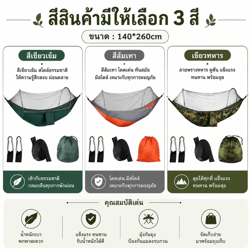 เปลแค้มปิ้งพร้อมมุ้งกันยุง 290x140cm เปิดอัตโนมัติ ผ้าร่ม thumbnail 4